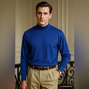 Bugatchi M royal blue mock neck long sleeved 100% cotton mercerized pullover T